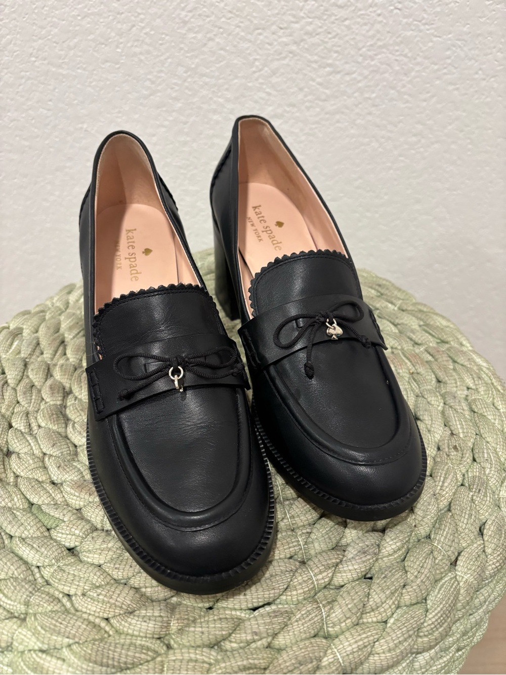 Kate Spade Hattie Black Leather Scalloped Trim Block Heel Chunky Loafers - Picture 5 of 11